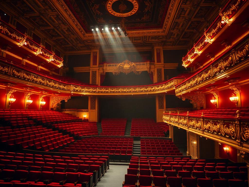 Een concertzaal met rode stoelen en gouden balkons